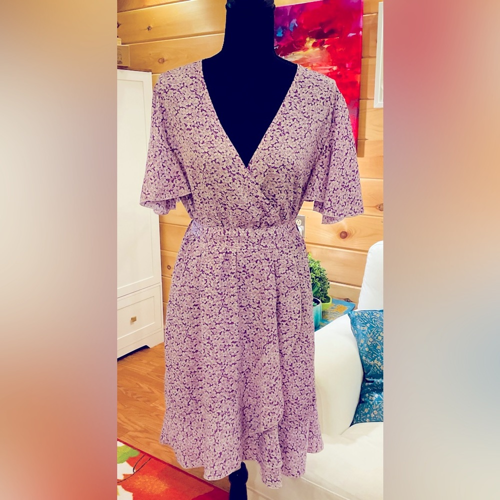 Shein Purple Floral Faux Wrap Dress with Belt